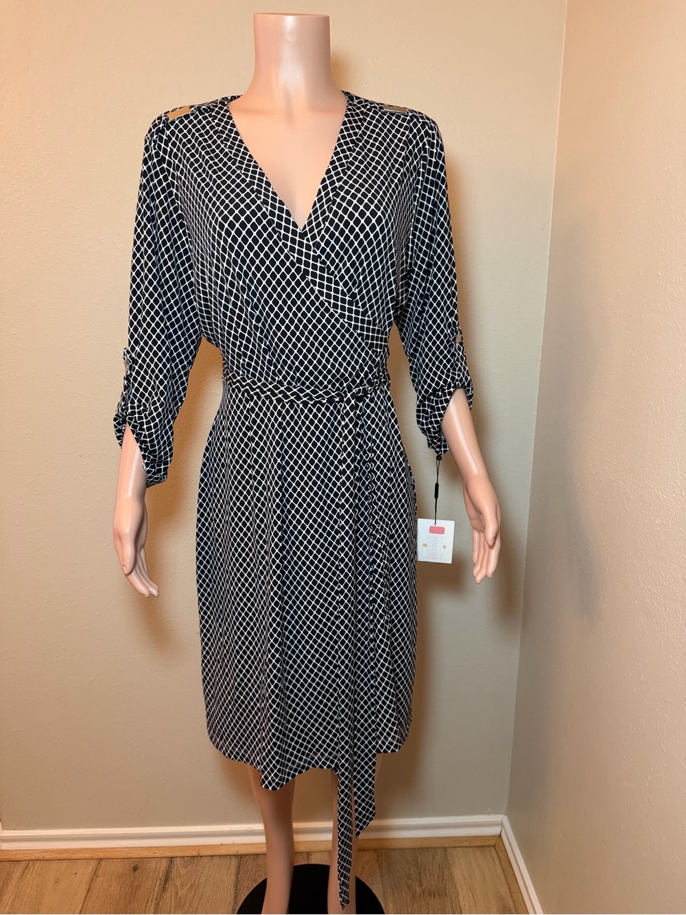 Calvin Klein Black and White Geometric Wrap Dress